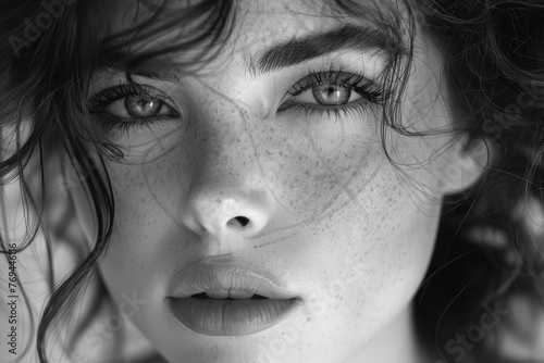 Captivating Portrait of a Beautiful Woman with Freckles and Dark Hair