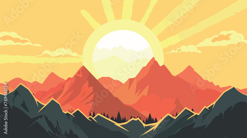 Sun and mountains flat cartoon vactor illustration