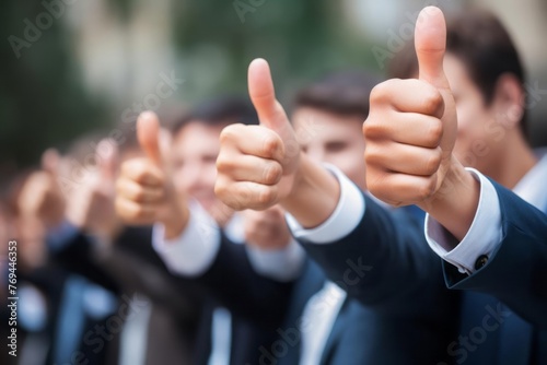 Hands showing thumbs up. Closeup of corporate professionals hand gesturing in the positive or affirmative. photo