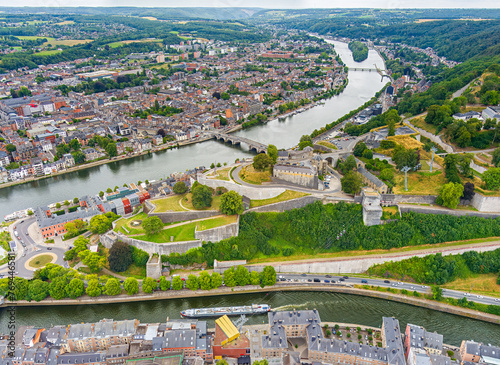 Namur, Belgium. Citadelle de Namur is a 10th-century fortress with a park and panoramic views. Panorama of the city. Summer day, cloudy weather. Aerial view