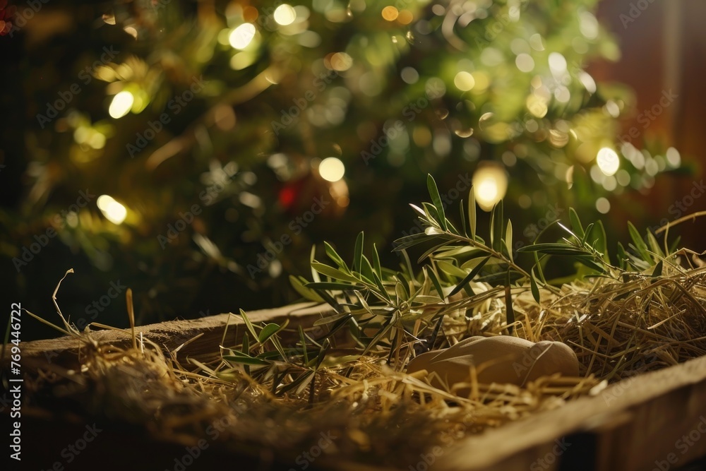 An olive branch extending to a manger, representing peace on Earth during Christmas - obrazy, fototapety, plakaty 