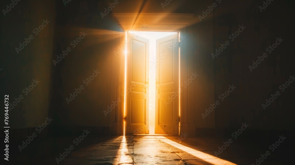 An open door with light streaming through, symbolizing new opportunities, hope, and the courage to step into the unknown