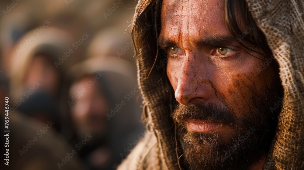 Closeup of Jesus, a compassionate expression on His face as He teaches, with the multitude visibly touched and inspired Closeup of Jesus, a compassionate expression on His face as He teaches, with the multitude visibly touched and inspired