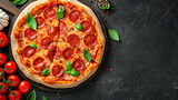 Top view, Tasty pepperoni pizza and cooking ingredients tomatoes basil on black . Generative Ai
