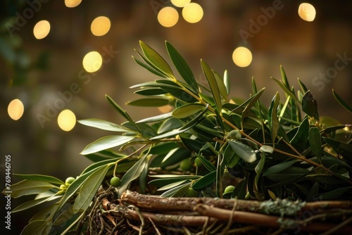 An olive branch extending to a manger, representing peace on Earth during Christmas photo