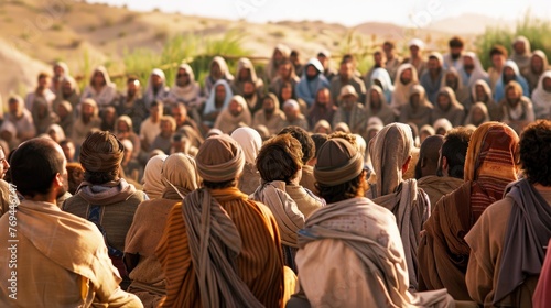 Jesus and His followers in a moment of connection during the Sermon on the Mount, emphasizing the impact of His teachings on the crowd photo