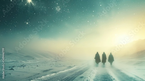 The three wise men following the star of Bethlehem through a snowy landscape, merging the journey with Christmas anticipation