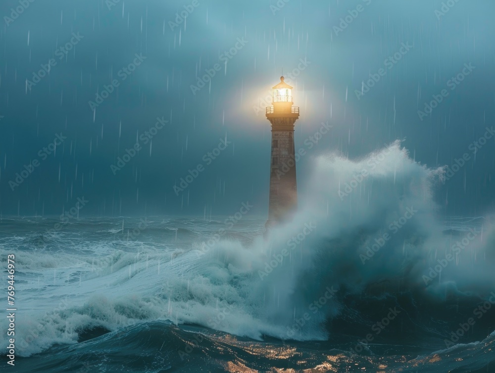 A lighthouse shining through the storm, symbolizing guidance, hope, and safe harbor through lifes challenges