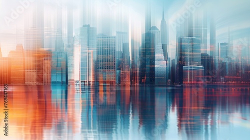 An abstract representation of a city skyline, with distorted buildings reflecting societys hustle and bustle