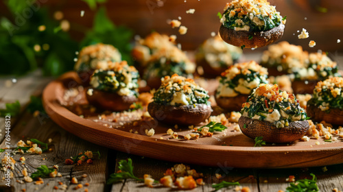 Aromatic stuffed mushrooms with spinach and golden breadcrumbs on a rustic wooden plate photo