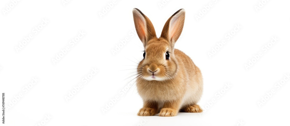 A domestic rabbit with fawn fur, long ears, whiskers, and soft fur is standing on a white background, gazing at the camera with its adorable eyelashes