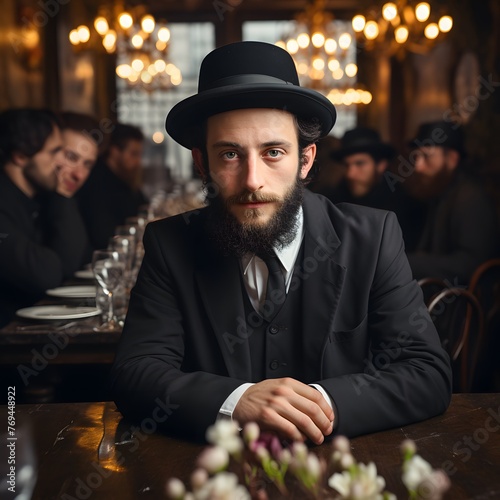 the face of a New York Jewish man as he participates in a Passover ceremon photo