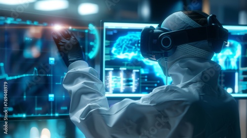 Virtual reality, overlay and science doctor in metaverse researching and working on futuristic digital screen. Future, innovation and researcher in vr headset busy in a laboratory with medical ai photo