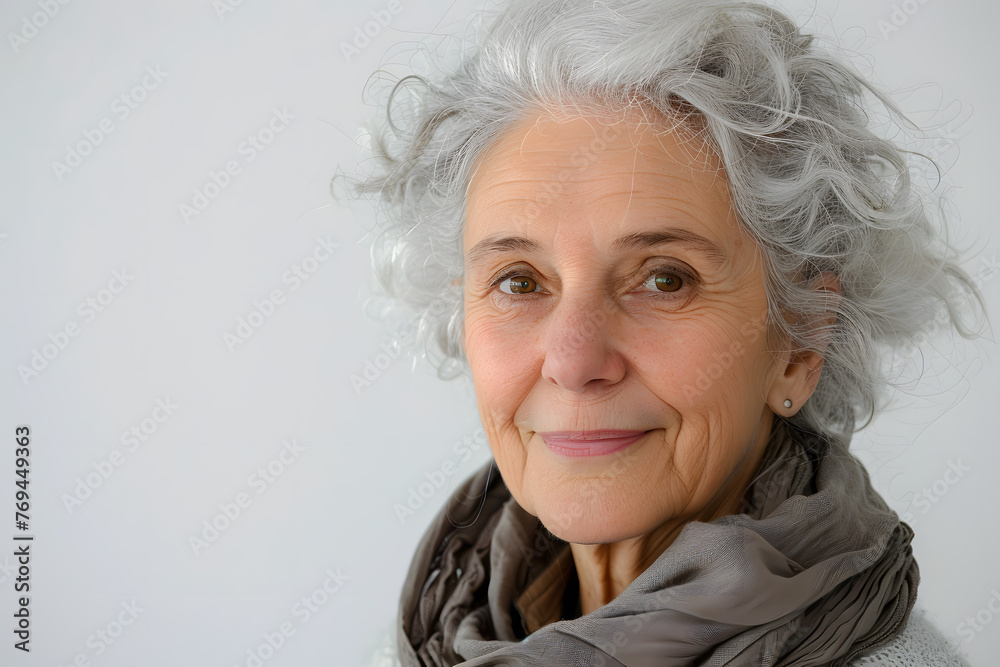 Closeup smiling grandmother , 60+ years, looking at the camera, white background Closeup smiling grandmother , 60+ years, looking at the camera, white background