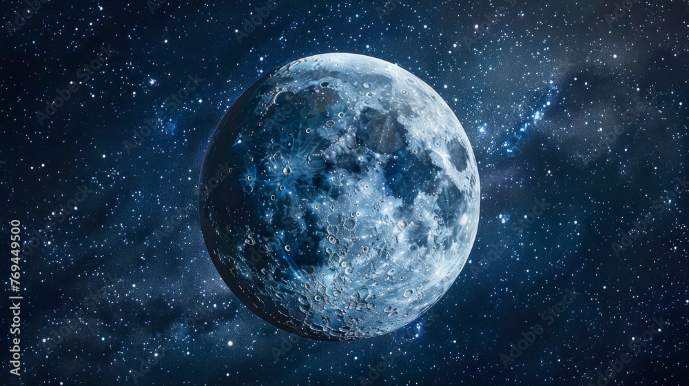 Wonderful  blue moon on the night stellar sky with bright fantastic Milky Way.
