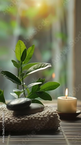 Beautiful and young fresh green plant in spa, aesthetic composition, calm atmosphere, yoga, massage, meditation