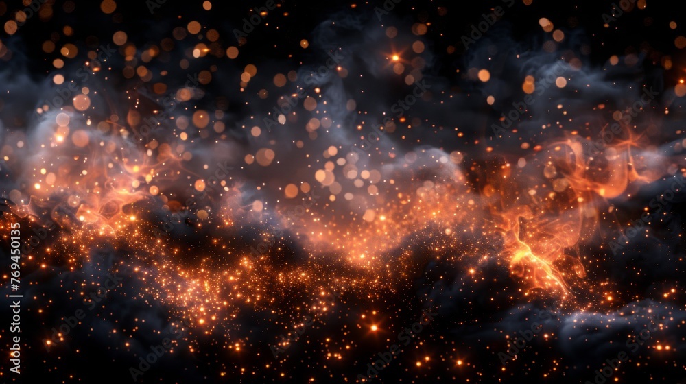 Fire embers particles over black background. Fire sparks background. Abstract dark glitter fire particles lights