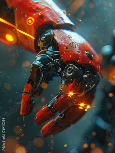 A fieryred robot, fingertip extended to meet a symbol, capturing a moment of technology interfacing with virtual reality ,close up photo