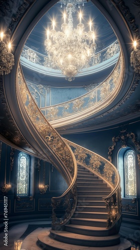 A Gorgeous Spiral Staircase With Chandelier In A Hall Room.
