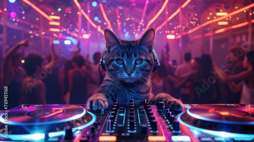 A cat wearing headphones spins a track while playing a track disc as a DJ in a pub.  © เลิศลักษณ์ ทิพชัย