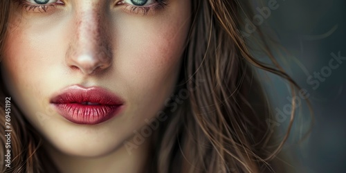 Fashion portrait of a lovely woman with beautiful facial features, Vogue magazine style photo