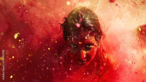 Holi celebration in India: Indian girl enjoys color powder amidst crowds of people. 
