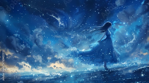 girl in front of the starry sky abstract poster web page PPT background with generative photo