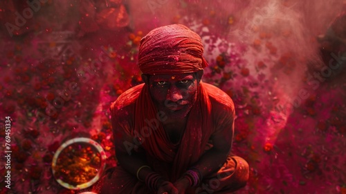 A lively Holi celebration in India with Indian men surrounded by colorful powder and enjoying crowds of people 