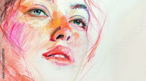 Quick contour lines free hand pastel crayons beautiful woman face sketch