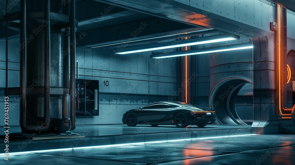 A Futuristic Car With Sleek And Aerodynamic Design Parked In A Garage.  - obrazy, fototapety, plakaty 