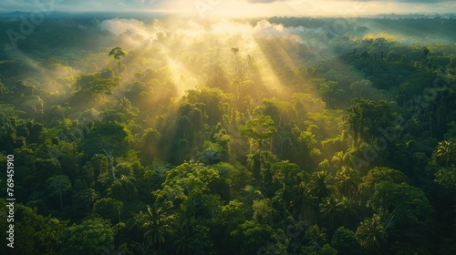 Aerial view of tropical forest at morning sunrise with beautiful green Amazon forest landscape at sunrise. An aerial drone exploration adventure photo