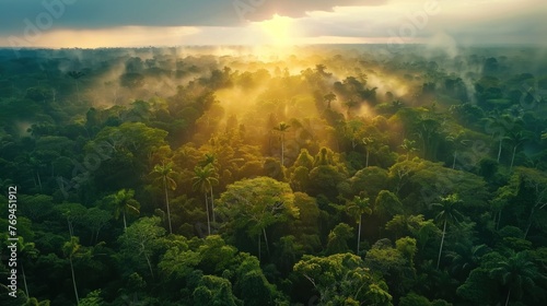 Aerial view of tropical forest at morning sunrise with beautiful green Amazon forest landscape at sunrise. An aerial drone exploration adventure #769451912