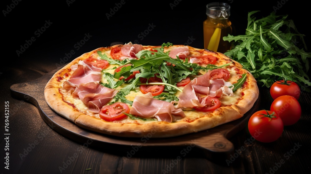 Traditional Italian pizza served on a wooden table with fresh fruit