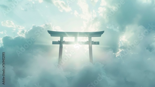 Shintori gate floating in the air, clear silhouette on the background of light clouds, sun rays illuminate it from behind, the power of faith, light bright background