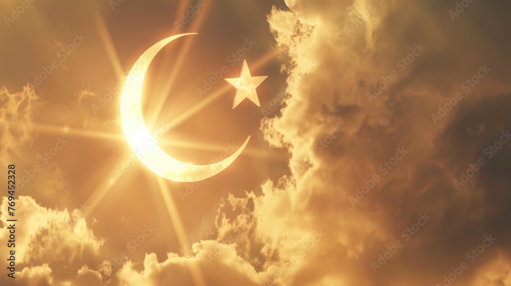 Fototapeta premium Symbol of Islam crescent and five-pointed star floating in the air, clear silhouette on the background of light clouds, sun rays illuminate it from behind, the power of faith, light bright background