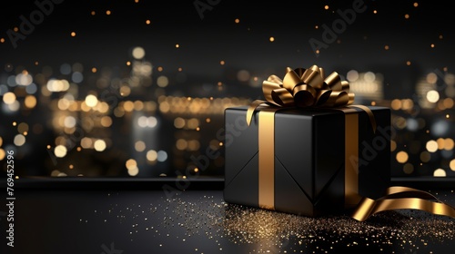 Black gift box isolated on black bokeh background. Black Friday gift box. Black Friday Sale or Happy Birthday banner. Gift box, wrapped with gold ribbon with a bow on glitter background, copy space © JovialFox