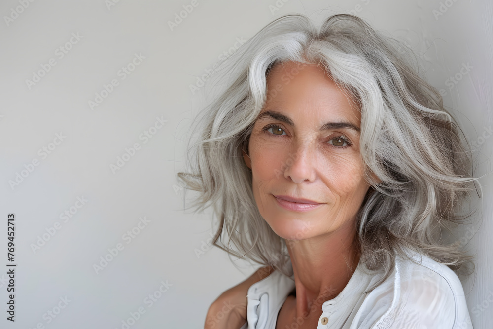 Closeup portrait of Beautiful mature woman, 50+ years, looking at the camera, white background