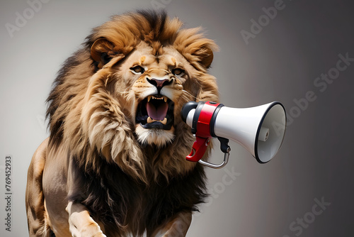Lion roaring on a megaphone. Advertisement concept with vast copy space for text design.