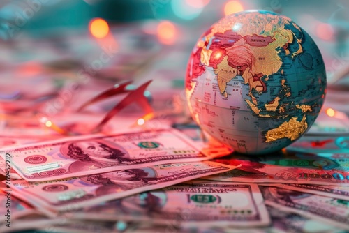 Illuminated by ambient light, a globe centers on China amidst scattered US dollars and Chinese yuan, with downward arrows hinting at currency devaluation photo