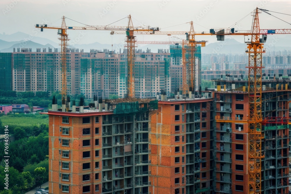  abandoned housing project in China with construction cranes in the background, showcasing the real estate crisis