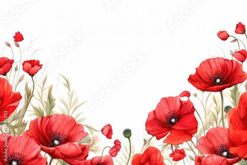 watercolor red poppy flowers frame border isolated on white background. Can be used for business card, scrapbook and other printed products. watercolor of poppy flowers frame. 