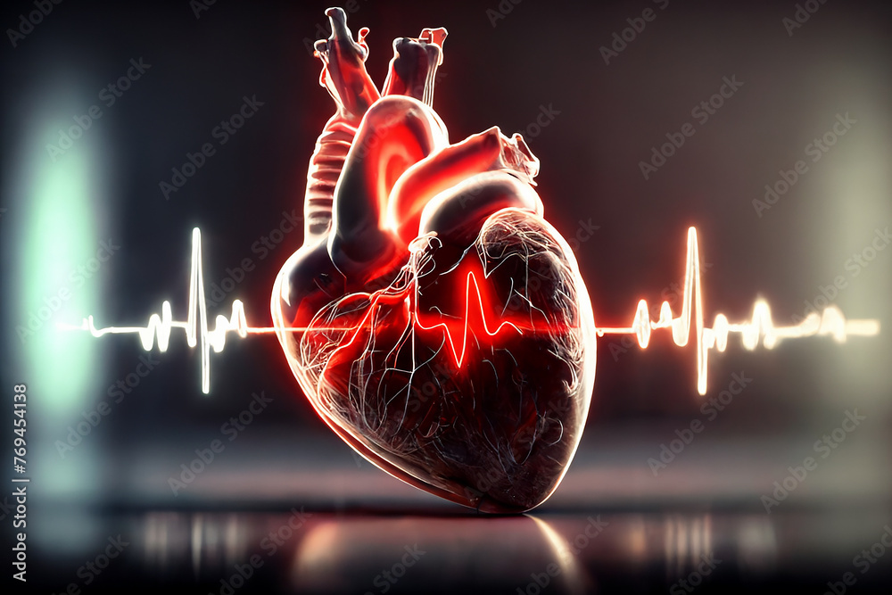 The human heart and pulse in neon light. black background.  - obrazy, fototapety, plakaty 