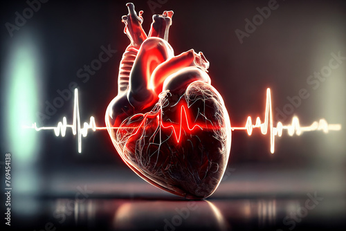 The human heart and pulse in neon light. black background.  photo