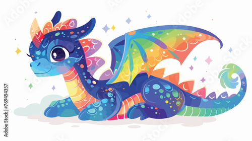 Rainbow Baby Dragon flat vector isolated on white background
