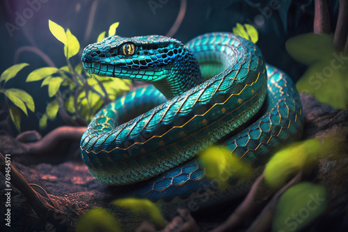 Green snake, python close-up. 