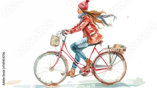 Romantic Girl Riding Bicycle Watercolor flat vector 