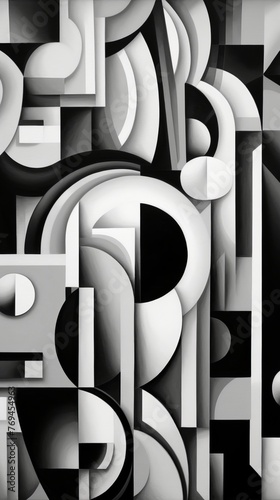 Monochrome abstract painting with circles and lines in black and white style