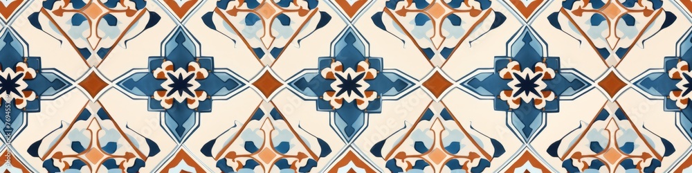 A blue and orange pattern with Moroccan tiles and Ottoman motifs on a white backdrop, background, wallpaper