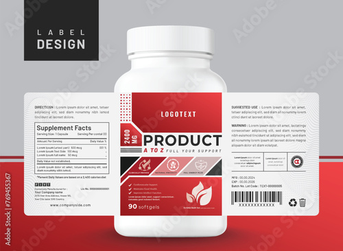 Food supplement multi vitamin label sticker design, bottle jar product packaging.