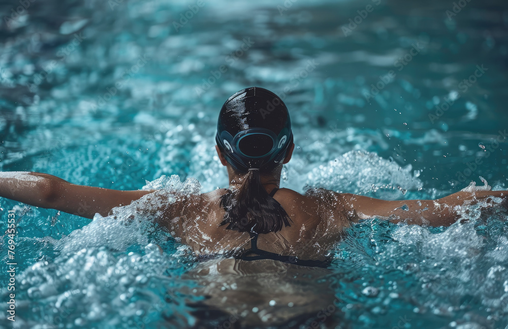 A female swimmer swimming in the freestyle style, with her back to the camera